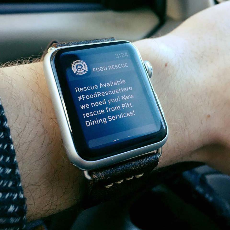 Close up of an Apple Watch screen with the Food Rescue Hero app.